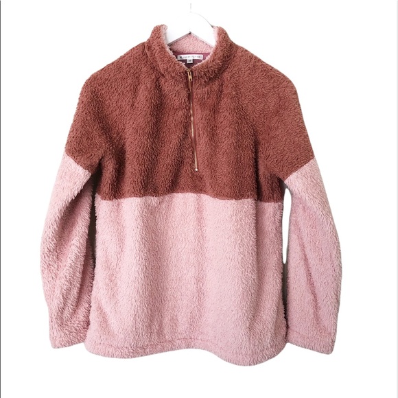 JOURNEY FIVE Women’s Colorblock 1/4 Gold Zip Teddy Pullover Blush Pink Sz M - Picture 5 of 9